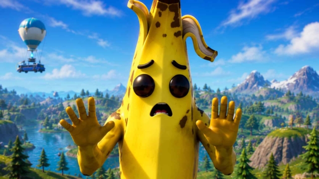 Animated banana character with worried face and raised hands in a vibrant outdoor landscape