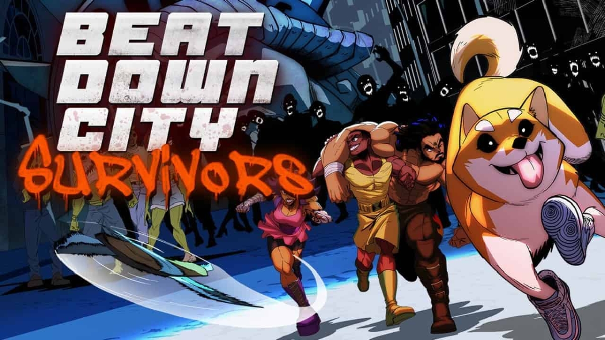 Animated characters and a dog running in a city with beatdown city survivors title in graffiti style