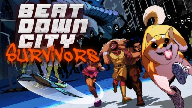Animated characters and a dog running in a city with beatdown city survivors title in graffiti style