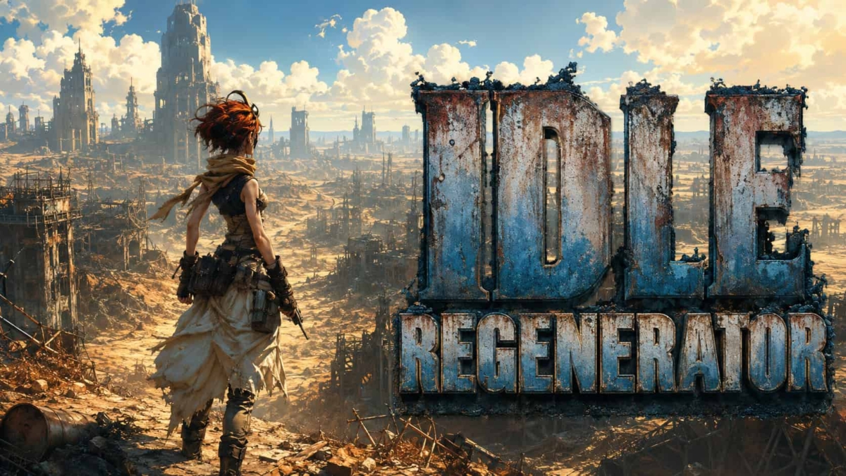 A post-apocalyptic landscape with a lone woman in ragged clothing looking over ruins and large rusted text 'IDLE REGENERATOR'