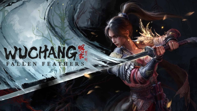 Female warrior in detailed armour with long ponytail wielding a sword, set against dark background with game title