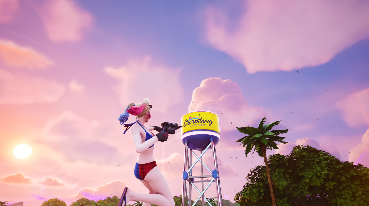 Fortnite character with water tower A character in a red and blue bikini holding a weapon near a yellow and blue Shoresburg water tower at sunset