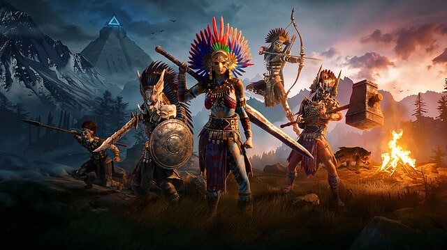 Five characters in elaborate tribal outfits and masks wielding weapons in a mountainous, twilight setting with a bonfire