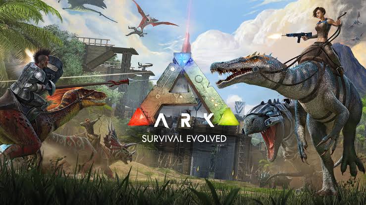 Female and male characters armed and riding dinosaurs in a lush prehistoric setting with a large logo in centre