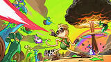 Cartoon character with goggles and tentacles battles colourful mutant snails and rats amidst a green sky and mushroom cloud