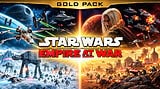 Epic battle scene from Star Wars Empire at War featuring space and ground wars with iconic ships and soldiers