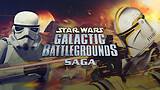 Promotional art featuring two Star Wars stormtroopers with the Galactic Battlegrounds Saga logo