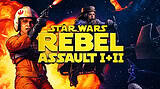 Star Wars Rebel Assault I and II cover showing a pilot with a blaster and a bearded man in space with fiery explosions